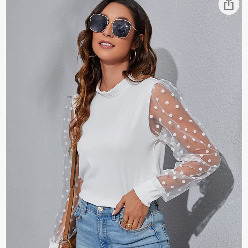 Ruffle Mock Neck Blouse With Mesh Polka Dot Sleeves